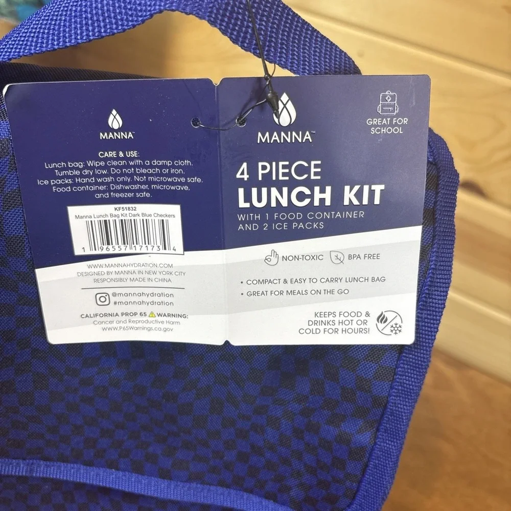 Manna 4 Piece Lunch Kit Blue Checker Insulated Bag Container Ice Packs KF51832